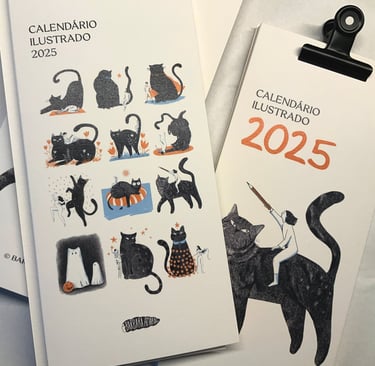 an illustrated calendar with a black cat in several setups for each month