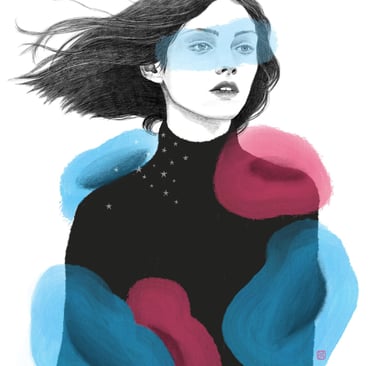 black and white portrait of a beautiful woman with abstract splashes of colour.