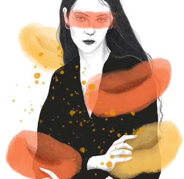Illustration of a woman with long black hair with abstract orange and yellow splashes around her