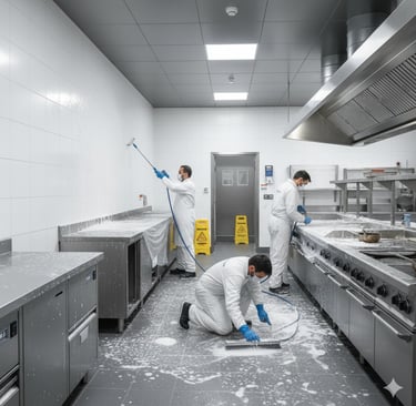 Des hommes qui nettoient une cuisine professionnelle