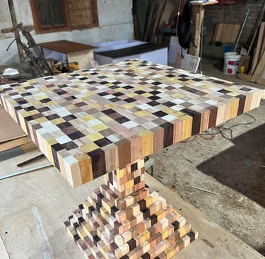 a table with a wooden table best saler DharmaJaya Furniture top and a wooden table top