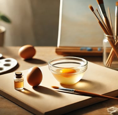 Temple de juevo con barniz, a painting palette and a paintbrush on a table