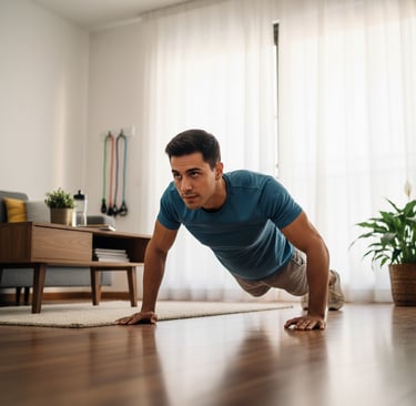 chico principiante haciendo flexiones en casa