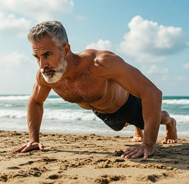 Hombre haciendo flexiones en la playa.