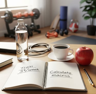 Fotografía realista de una mesa de trabajo con un cuaderno abierto donde se ven objetivos escritos