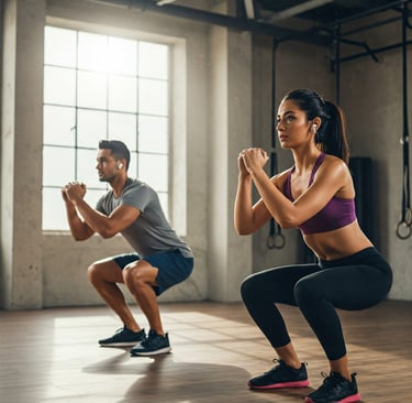 Mujer y Hombre haciendo sentadillas.