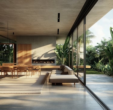 Sala comedor de diseño moderno y abierto con vista a la vegetación tropical en residencia, Tulum