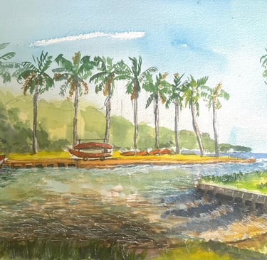 a painting of a boat on a body of water