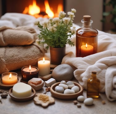 A cozy setup featuring a lit candle, a green bottle labeled 'yogandha relax', a smaller bottle with a rollerball top, a pair of eyeglasses, and a plant in the background. The items are placed on a wooden tray with a soft curtain of natural light entering through a nearby window, contributing to a serene and relaxing atmosphere.