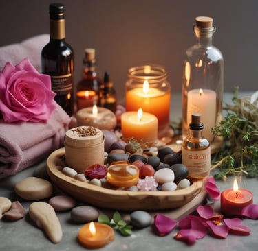 A green bottle with a pump dispenser labeled 'Aromatherapy Stress Relief'. The label features illustrations of eucalyptus and spearmint leaves. The bottle is covered in water droplets, resting on a dark surface with a smoky texture in the background.