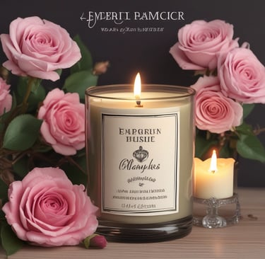 A serene image featuring two glass jars with scented candles on a wooden tray. Smoke gently rises from the burning candle labeled 'A scent of Firewood Figs', creating a calming atmosphere. A small, round dish nearby holds spent wooden matches. In the background, blurred greenery from a potted plant adds a hint of nature.