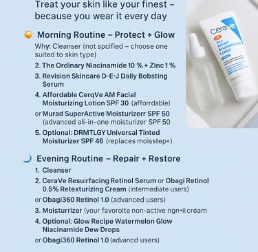 Infographic-style AM and PM skincare routine guide with product steps and quick tips, shown on a cal