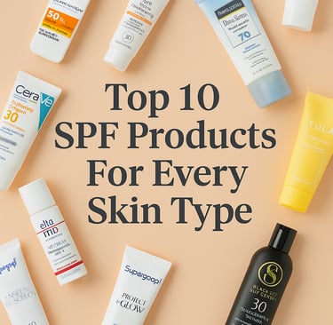 Flat lay of top 10 SPF sunscreen products arranged on a peach background, featuring brands like Supe