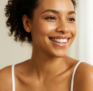 Confident woman with dewy skin smiling gently in natural lighting, wearing a white tank top.