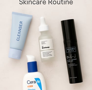 “Flatlay of morning skincare routine products including cleanser, serum, DEJ boosting serum, and Cer