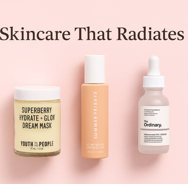 Three glow-enhancing skincare products displayed on a soft pink background with the phrase “Skincare