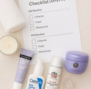 Glow-Up Routine Checklist for AM and PM steps surrounded by Neutrogena, CeraVe Acne Control Gel, Elt