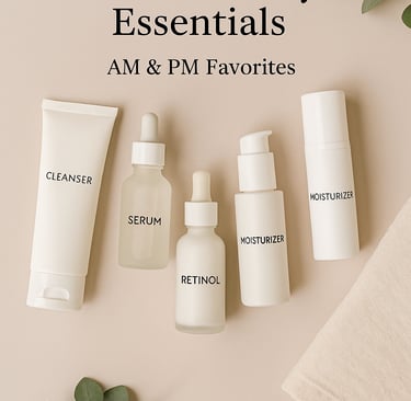 Flatlay of five essential skincare products labeled Cleanser, Serum, Retinol, and Moisturizers arran