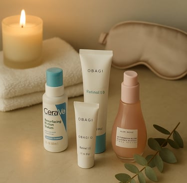 Evening skincare flatlay featuring CeraVe Retinol Serum, Obagi Retinol 0.5 and 1.0, and Glow Recipe