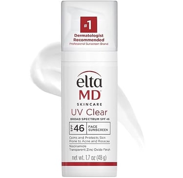 Bottle of EltaMD UV Clear SPF 46 with niacinamide, designed for sensitive and acne-prone skin.