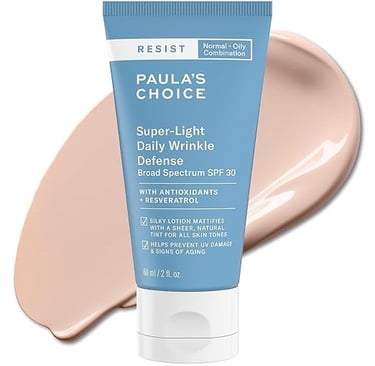 Paula’s Choice Super-Light Daily Wrinkle Defense SPF 30 in a matte gray tube — a lightweight mineral