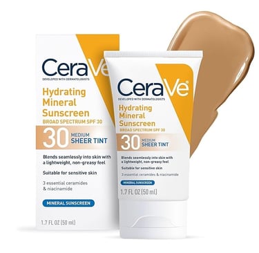CeraVe Hydrating Mineral Sunscreen SPF 30 with ceramides and hyaluronic acid for dry and sensitive s