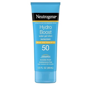 Neutrogena Hydro Boost sunscreen bottle with water-gel formula and hyaluronic acid for hydration.