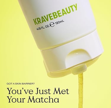 Minimalist image of Krave Beauty’s calming cleanser made with matcha and hemp seed oil, featured in 