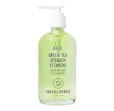 Youth to the People Superfood Cleanser in a glass bottle, featuring a green gel formula made with ka