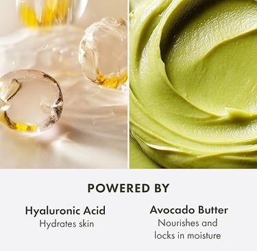 Visual spread of core ingredients in Origins Drink Up Mask, featuring avocado oil, apricot kernel oi