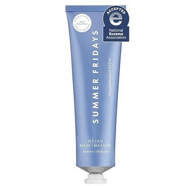 Summer Fridays Jet Lag Mask in a sleek light blue tube, positioned upright against a ne