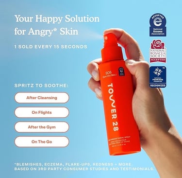 Close-up of Tower 28 SOS Spray bottle surrounded by text highlighting hypochlorous acid and other cl
