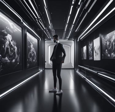 a man standing in a hallway with a large group of pictures