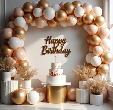 Elegant indoor birthday party setup with neutral balloon garlands, luxury floral arrangements, and gold 'Happy Birthday' back