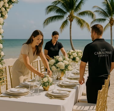 Elegant event setup with luxury floral arrangements and tropical outdoor ambiance, representing the beginning of Las Carolina