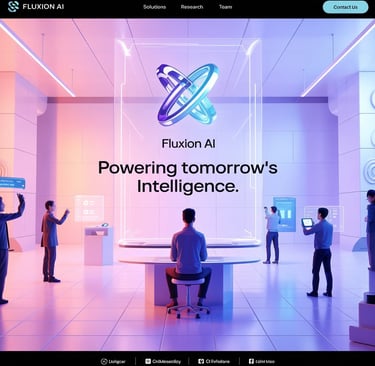 Futuristic hero banner for Fluxion AI featuring a sleek humanoid robot interacting with digital data elements, glowing graphs