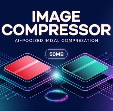 Image Compressor tool interface mockup with upload, compression progress bar, and file size output"