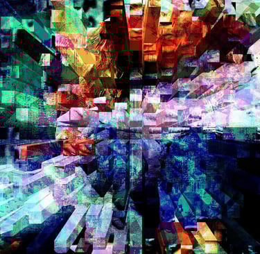 Neon glitch visual with pixel errors and broken lines