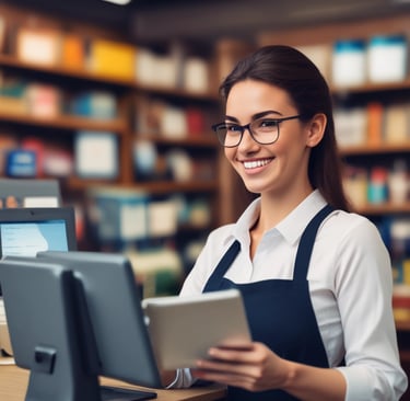 A dimly lit fast-food kitchen with a person preparing food. The interior features a modern design with a red neon sign on the wall. A refrigerated display case with various drinks is visible, and a menu board is mounted above.