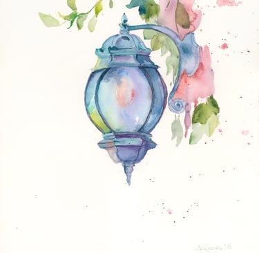 vintage street lamp on a summer evening by contemporary watercolorist weronika kacperski