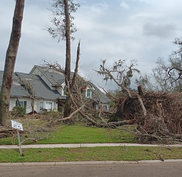 a man standing in front of a house with a tree that has fallen down