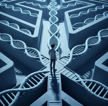 Conceptual image of a person navigating a maze, walls are formed by DNA strands, questioning free will versus genetic program