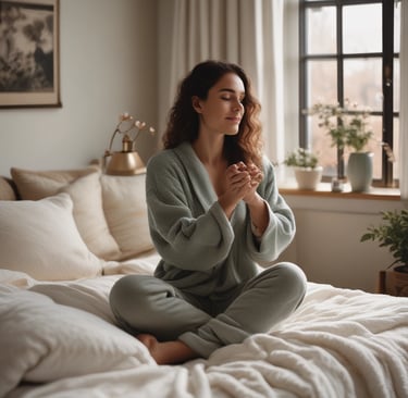 A person's hand is applying cream to their foot on a white bed. The scene captures a moment of personal care and relaxation.