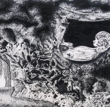 An ink drawing of a fetus inside a cave.