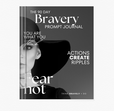 Bravery prompt journal cover with a woman in a hat, words fear not actions create ripples