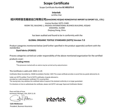 certificate of rongzhiyue global organic textile standards