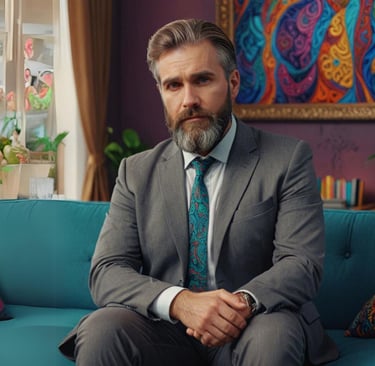 a Psychologist DOC in a suit and tie sitting on a couch