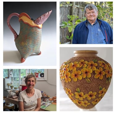 a grouping of artist photos and their work