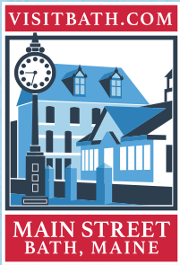 re white and blue logo depicting historic building and clock for visit bath.com