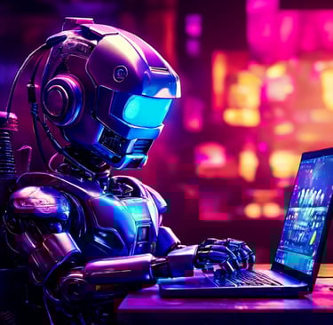 Robô futurista usando fones e digitando em um laptop sob luzes neon